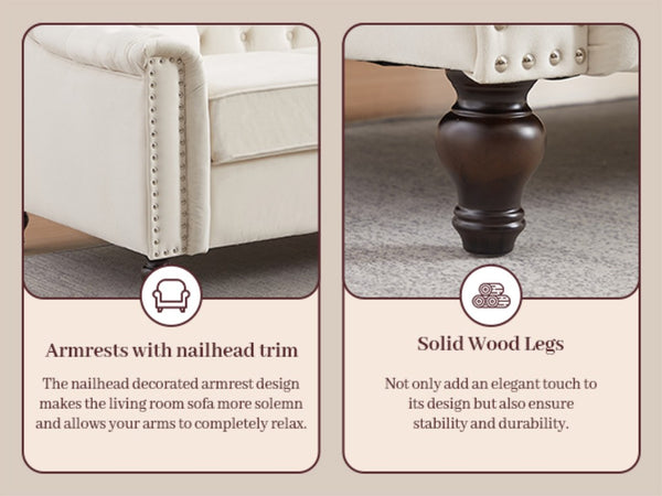English Elm 82 Inch Velvet Chesterfield Sofa with Button Tufting Nailhead Trim and Solid Wood Legs Beige W3505S00086