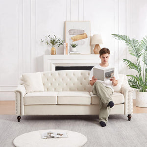 English Elm 82 Inch Velvet Chesterfield Sofa with Button Tufting Nailhead Trim and Solid Wood Legs Beige W3505S00086