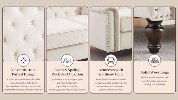 English Elm 82 Inch Velvet Chesterfield Sofa with Button Tufting Nailhead Trim and Solid Wood Legs Beige W3505S00086