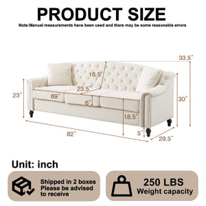 English Elm 82 Inch Velvet Chesterfield Sofa with Button Tufting Nailhead Trim and Solid Wood Legs Beige W3505S00086
