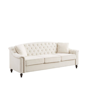 English Elm 82 Inch Velvet Chesterfield Sofa with Button Tufting Nailhead Trim and Solid Wood Legs Beige W3505S00086