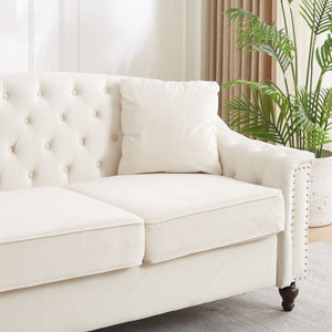 English Elm 82 Inch Velvet Chesterfield Sofa with Button Tufting Nailhead Trim and Solid Wood Legs Beige W3505S00086