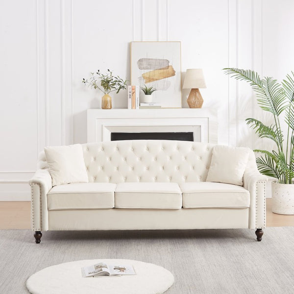 English Elm 82 Inch Velvet Chesterfield Sofa with Button Tufting Nailhead Trim and Solid Wood Legs Beige W3505S00086