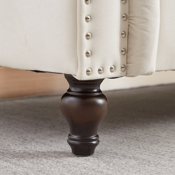 English Elm 82 Inch Velvet Chesterfield Sofa with Button Tufting Nailhead Trim and Solid Wood Legs Beige W3505S00086
