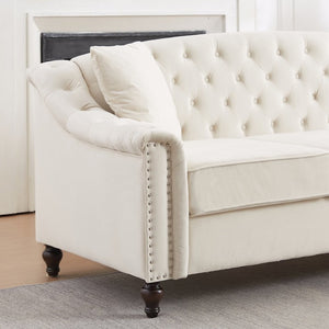 English Elm 82 Inch Velvet Chesterfield Sofa with Button Tufting Nailhead Trim and Solid Wood Legs Beige W3505S00086