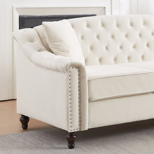 English Elm 82 Inch Velvet Chesterfield Sofa with Button Tufting Nailhead Trim and Solid Wood Legs Beige W3505S00086