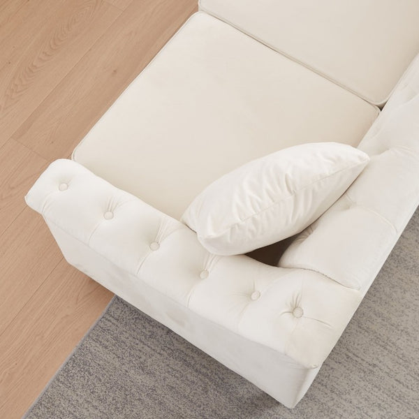 English Elm 82 Inch Velvet Chesterfield Sofa with Button Tufting Nailhead Trim and Solid Wood Legs Beige W3505S00086