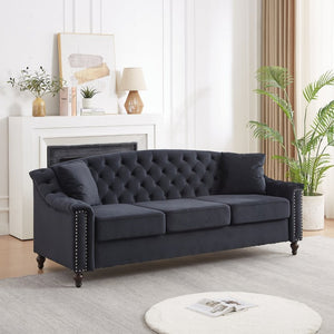 English Elm 82 Inch Velvet Chesterfield Sofa with Button Tufting Nailhead Trim and Solid Wood Legs Black W3505S00087