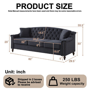 English Elm 82 Inch Velvet Chesterfield Sofa with Button Tufting Nailhead Trim and Solid Wood Legs Black W3505S00087