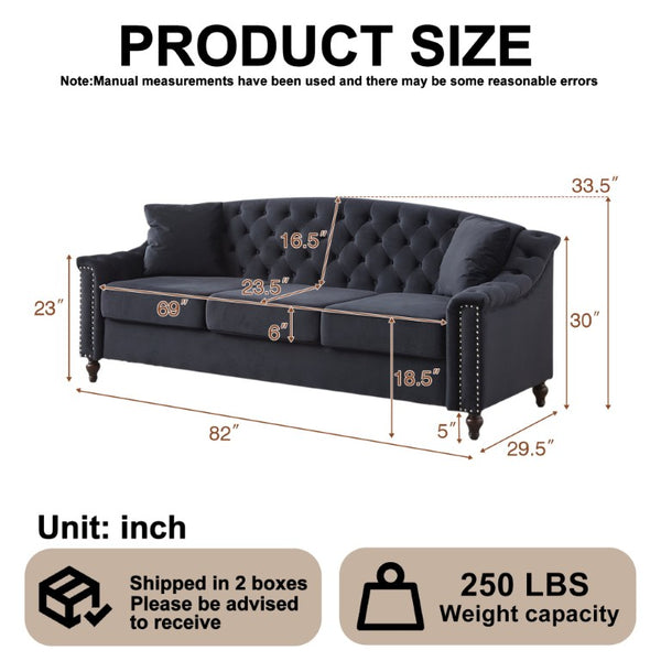 English Elm 82 Inch Velvet Chesterfield Sofa with Button Tufting Nailhead Trim and Solid Wood Legs Black W3505S00087