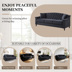 English Elm 82 Inch Velvet Chesterfield Sofa with Button Tufting Nailhead Trim and Solid Wood Legs Black W3505S00087