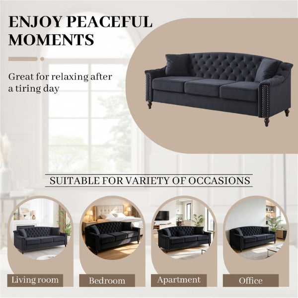 English Elm 82 Inch Velvet Chesterfield Sofa with Button Tufting Nailhead Trim and Solid Wood Legs Black W3505S00087