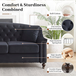 English Elm 82 Inch Velvet Chesterfield Sofa with Button Tufting Nailhead Trim and Solid Wood Legs Black W3505S00087