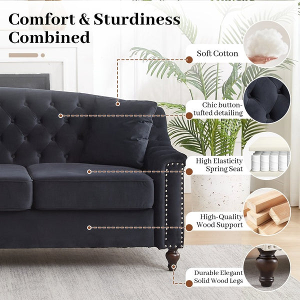 English Elm 82 Inch Velvet Chesterfield Sofa with Button Tufting Nailhead Trim and Solid Wood Legs Black W3505S00087