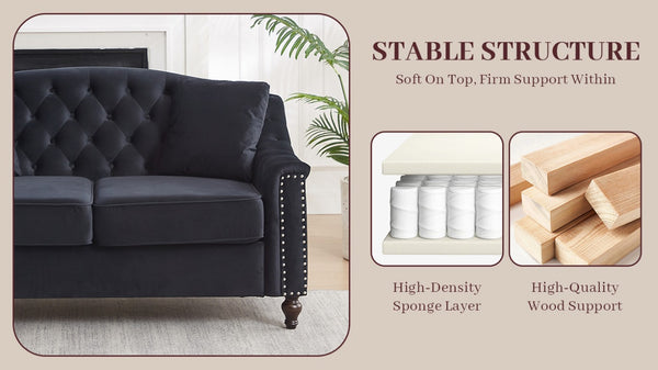 English Elm 82 Inch Velvet Chesterfield Sofa with Button Tufting Nailhead Trim and Solid Wood Legs Black W3505S00087