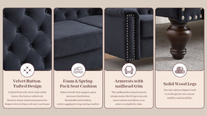 English Elm 82 Inch Velvet Chesterfield Sofa with Button Tufting Nailhead Trim and Solid Wood Legs Black W3505S00087