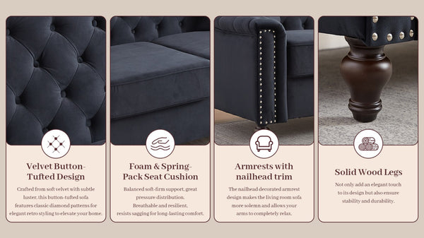English Elm 82 Inch Velvet Chesterfield Sofa with Button Tufting Nailhead Trim and Solid Wood Legs Black W3505S00087