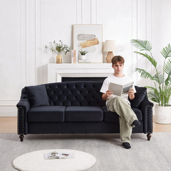 English Elm 82 Inch Velvet Chesterfield Sofa with Button Tufting Nailhead Trim and Solid Wood Legs Black W3505S00087