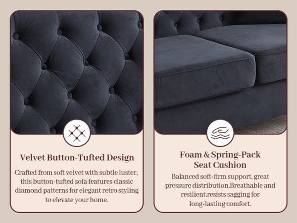 English Elm 82 Inch Velvet Chesterfield Sofa with Button Tufting Nailhead Trim and Solid Wood Legs Black W3505S00087