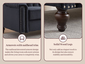 English Elm 82 Inch Velvet Chesterfield Sofa with Button Tufting Nailhead Trim and Solid Wood Legs Black W3505S00087