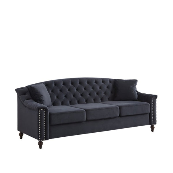 English Elm 82 Inch Velvet Chesterfield Sofa with Button Tufting Nailhead Trim and Solid Wood Legs Black W3505S00087