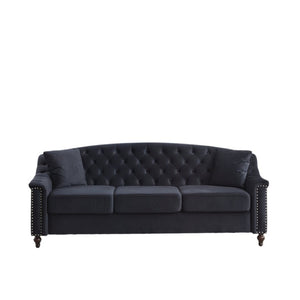 English Elm 82 Inch Velvet Chesterfield Sofa with Button Tufting Nailhead Trim and Solid Wood Legs Black W3505S00087