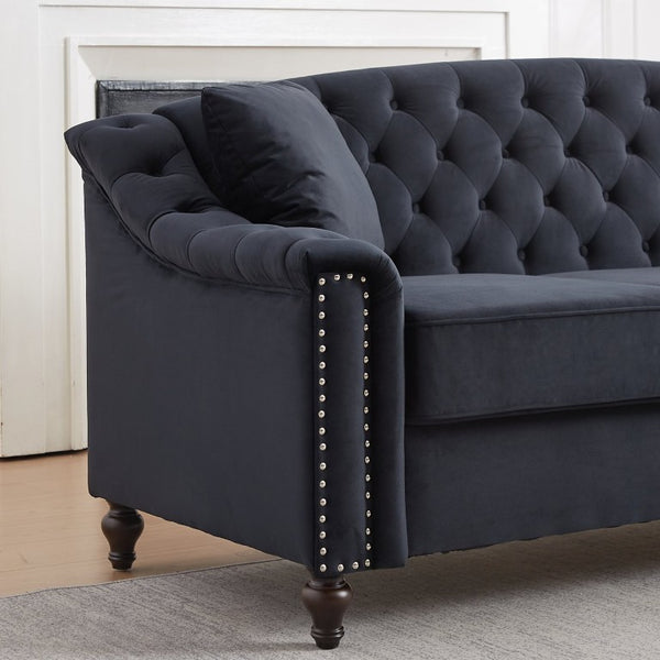 English Elm 82 Inch Velvet Chesterfield Sofa with Button Tufting Nailhead Trim and Solid Wood Legs Black W3505S00087