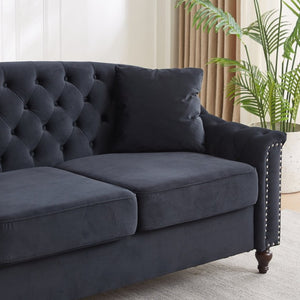 English Elm 82 Inch Velvet Chesterfield Sofa with Button Tufting Nailhead Trim and Solid Wood Legs Black W3505S00087