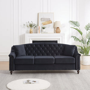 English Elm 82 Inch Velvet Chesterfield Sofa with Button Tufting Nailhead Trim and Solid Wood Legs Black W3505S00087