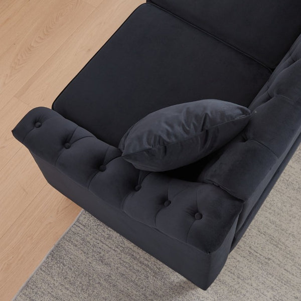 English Elm 82 Inch Velvet Chesterfield Sofa with Button Tufting Nailhead Trim and Solid Wood Legs Black W3505S00087