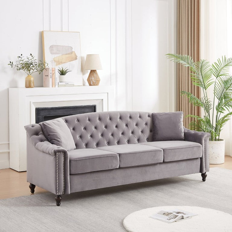 English Elm 82 Inch Velvet Chesterfield Sofa with Button Tufting Nailhead Trim and Solid Wood Legs Gray W3505S00088