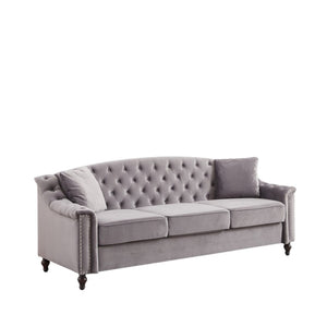 English Elm 82 Inch Velvet Chesterfield Sofa with Button Tufting Nailhead Trim and Solid Wood Legs Gray W3505S00088