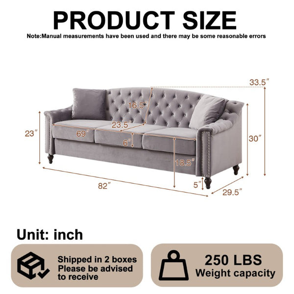 English Elm 82 Inch Velvet Chesterfield Sofa with Button Tufting Nailhead Trim and Solid Wood Legs Gray W3505S00088