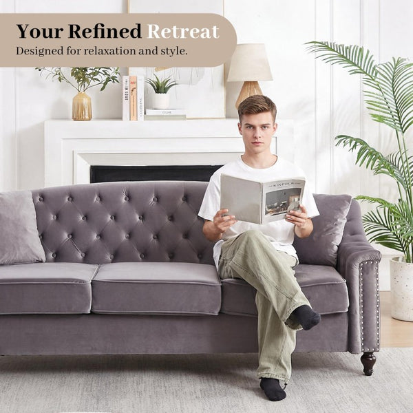 English Elm 82 Inch Velvet Chesterfield Sofa with Button Tufting Nailhead Trim and Solid Wood Legs Gray W3505S00088