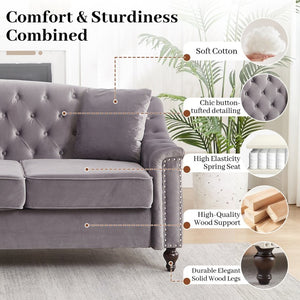 English Elm 82 Inch Velvet Chesterfield Sofa with Button Tufting Nailhead Trim and Solid Wood Legs Gray W3505S00088