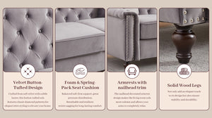 English Elm 82 Inch Velvet Chesterfield Sofa with Button Tufting Nailhead Trim and Solid Wood Legs Gray W3505S00088