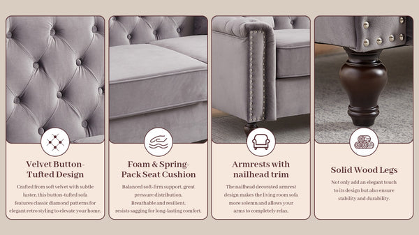 English Elm 82 Inch Velvet Chesterfield Sofa with Button Tufting Nailhead Trim and Solid Wood Legs Gray W3505S00088