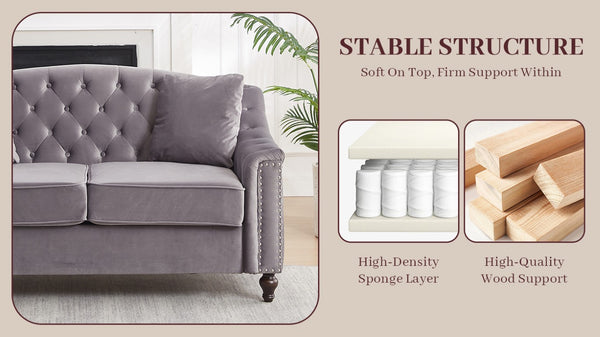 English Elm 82 Inch Velvet Chesterfield Sofa with Button Tufting Nailhead Trim and Solid Wood Legs Gray W3505S00088