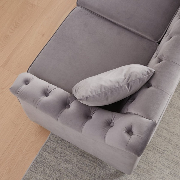 English Elm 82 Inch Velvet Chesterfield Sofa with Button Tufting Nailhead Trim and Solid Wood Legs Gray W3505S00088