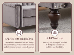 English Elm 82 Inch Velvet Chesterfield Sofa with Button Tufting Nailhead Trim and Solid Wood Legs Gray W3505S00088