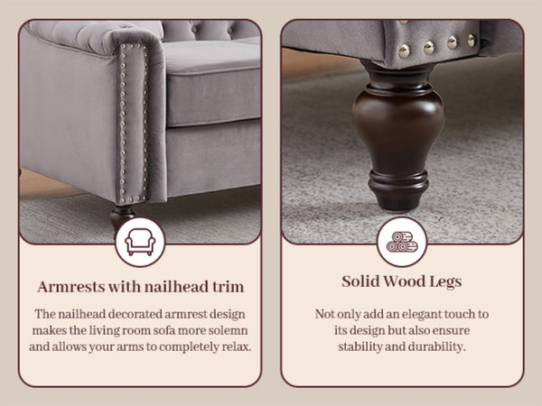 English Elm 82 Inch Velvet Chesterfield Sofa with Button Tufting Nailhead Trim and Solid Wood Legs Gray W3505S00088