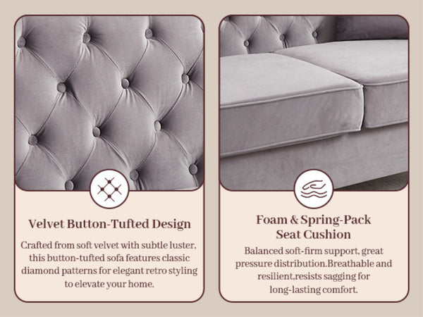 English Elm 82 Inch Velvet Chesterfield Sofa with Button Tufting Nailhead Trim and Solid Wood Legs Gray W3505S00088