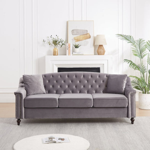 English Elm 82 Inch Velvet Chesterfield Sofa with Button Tufting Nailhead Trim and Solid Wood Legs Gray W3505S00088