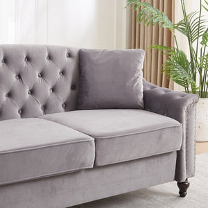 English Elm 82 Inch Velvet Chesterfield Sofa with Button Tufting Nailhead Trim and Solid Wood Legs Gray W3505S00088