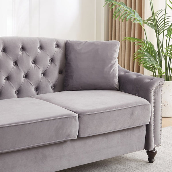 English Elm 82 Inch Velvet Chesterfield Sofa with Button Tufting Nailhead Trim and Solid Wood Legs Gray W3505S00088