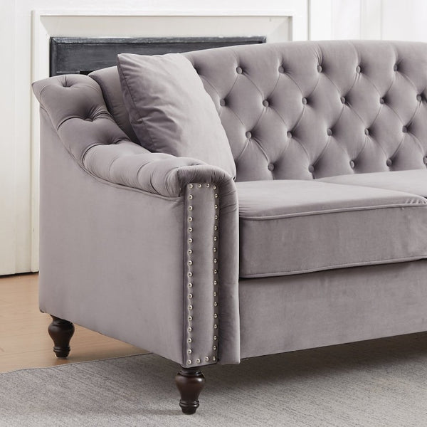 English Elm 82 Inch Velvet Chesterfield Sofa with Button Tufting Nailhead Trim and Solid Wood Legs Gray W3505S00088