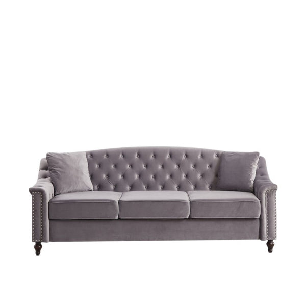 English Elm 82 Inch Velvet Chesterfield Sofa with Button Tufting Nailhead Trim and Solid Wood Legs Gray W3505S00088