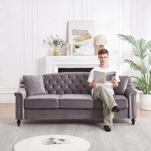 English Elm 82 Inch Velvet Chesterfield Sofa with Button Tufting Nailhead Trim and Solid Wood Legs Gray W3505S00088
