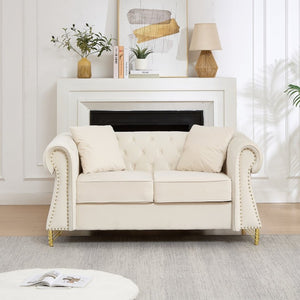 English Elm 58.5 Inch Velvet Chesterfield Loveseat with Button Tufting Nailhead Trim Metal Legs Beige W3505S00095