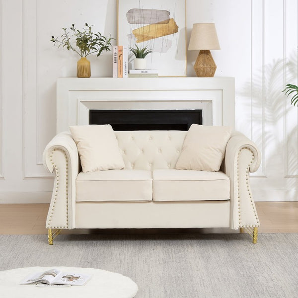 English Elm 58.5 Inch Velvet Chesterfield Loveseat with Button Tufting Nailhead Trim Metal Legs Beige W3505S00095